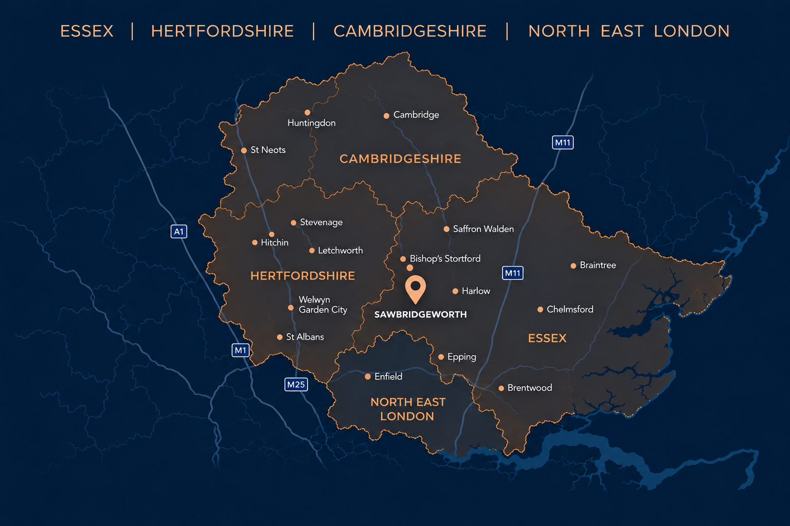 Map showing where I work — Essex, Hertfordshire, Cambridgeshire and North East London, based in Sawbridgeworth